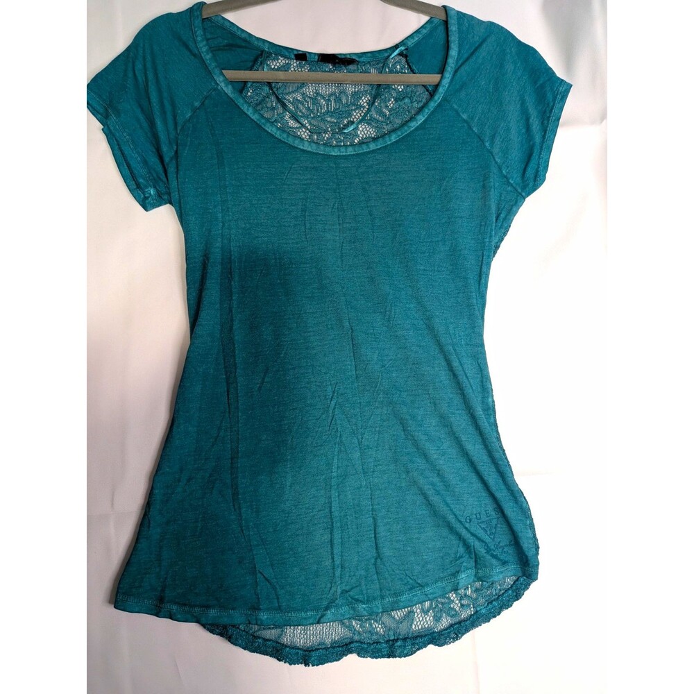 GUESS Women’s S Teal Scoop Neck Short Sleeve Lace Back Cotton T-Shirt